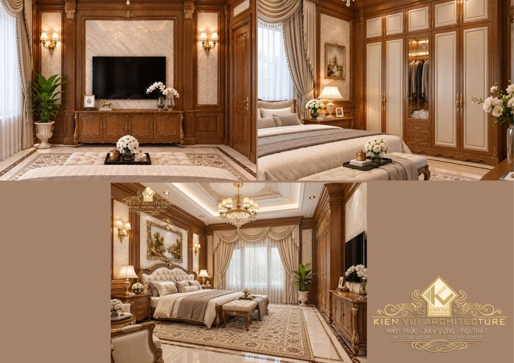 Thiết kế phòng ngủ biệt thự cổ điển nội thất gỗ