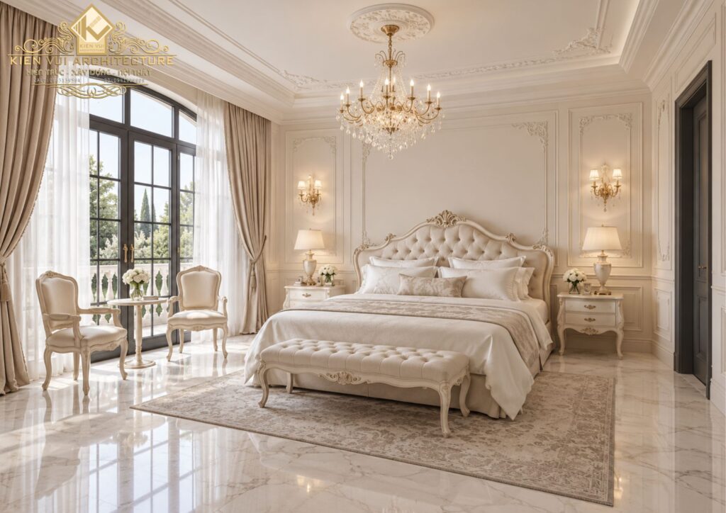 Phòng ngủ màu kem với giường bọc nệm và cửa kính lớn