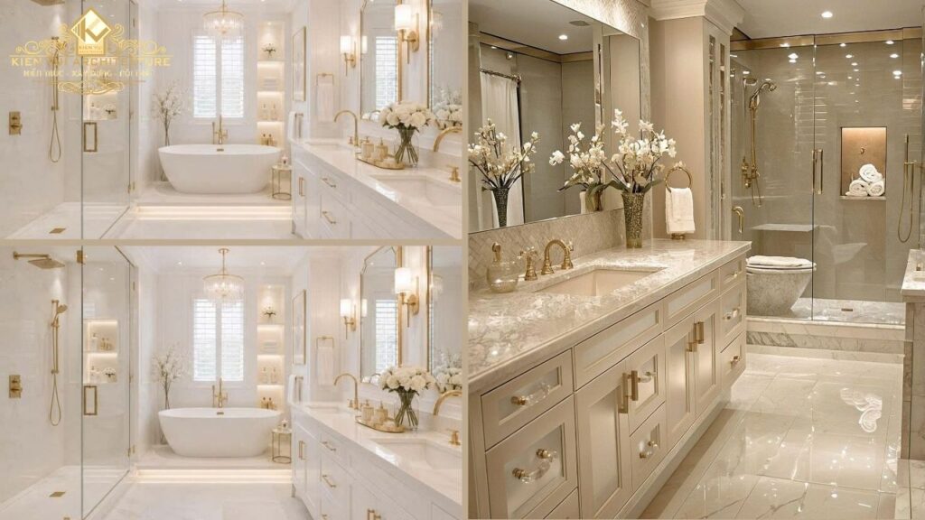 Thiết kế phòng tắm biệt thự cao cấp với đá marble và thiết bị màu vàng