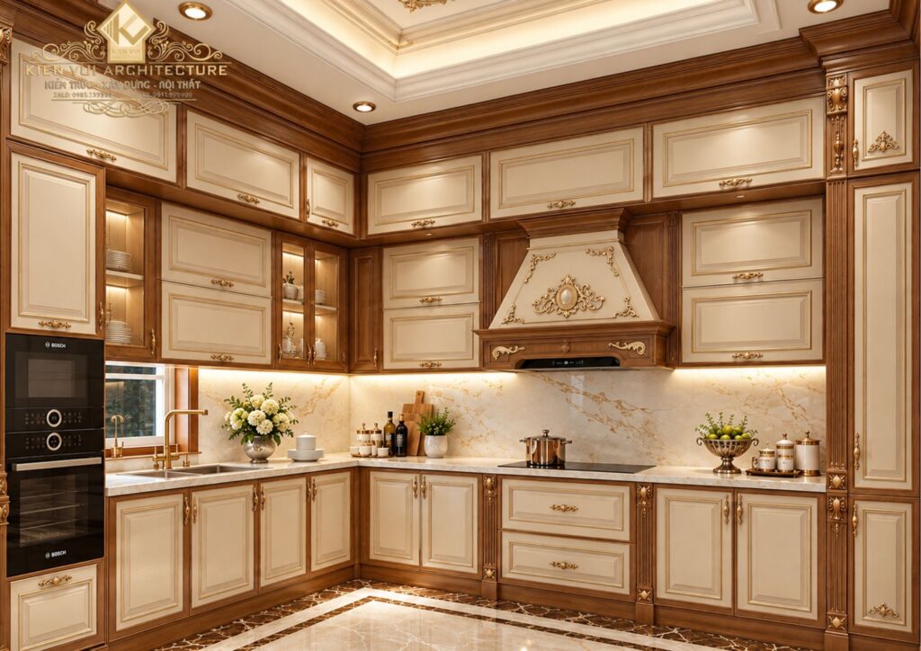 Thiết kế phòng bếp biệt thự cổ điển tông kem và gỗ