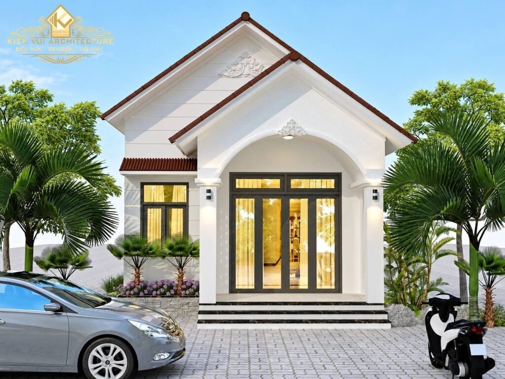 Mẫu 24 – Nhà 1 tầng mái dốc có cổng phía trước