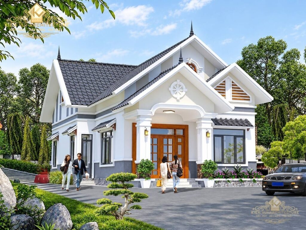 Mẫu 7: Nhà 1 tầng mái Thái có sảnh trung tâm