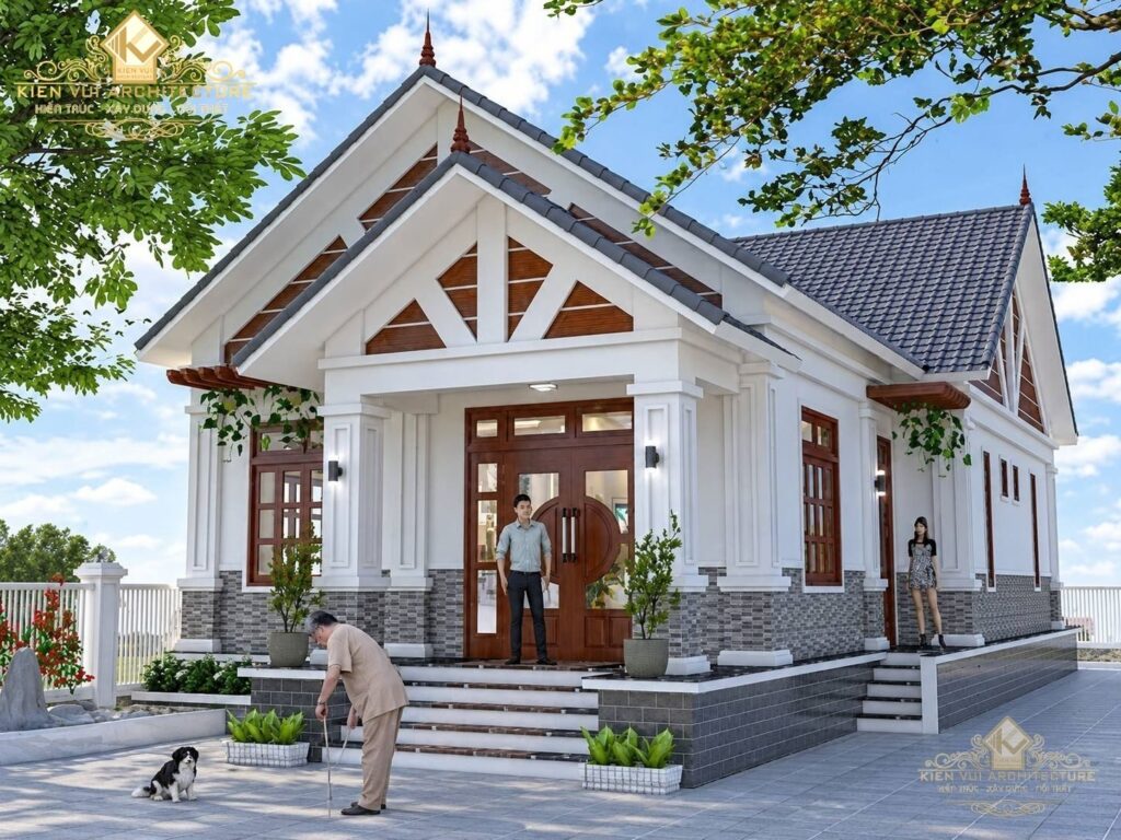 Mẫu 26 – Nhà 1 tầng mái dốc với sảnh trang trí
