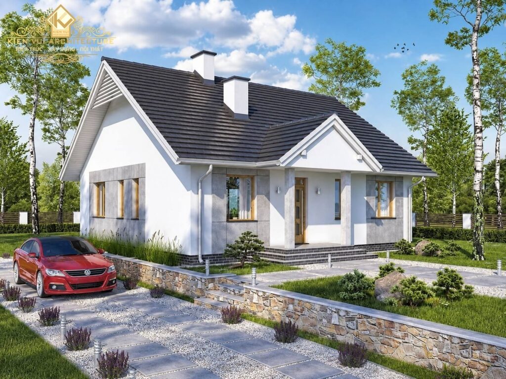 Mẫu 25 – Nhà 1 tầng mái dốc phong cách tối giản
