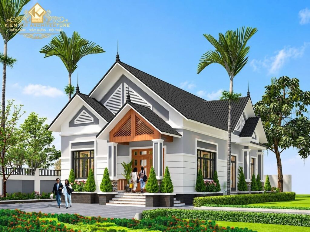 Mẫu 08 – Nhà mái Thái 1 tầng có chi tiết gỗ trang trí
