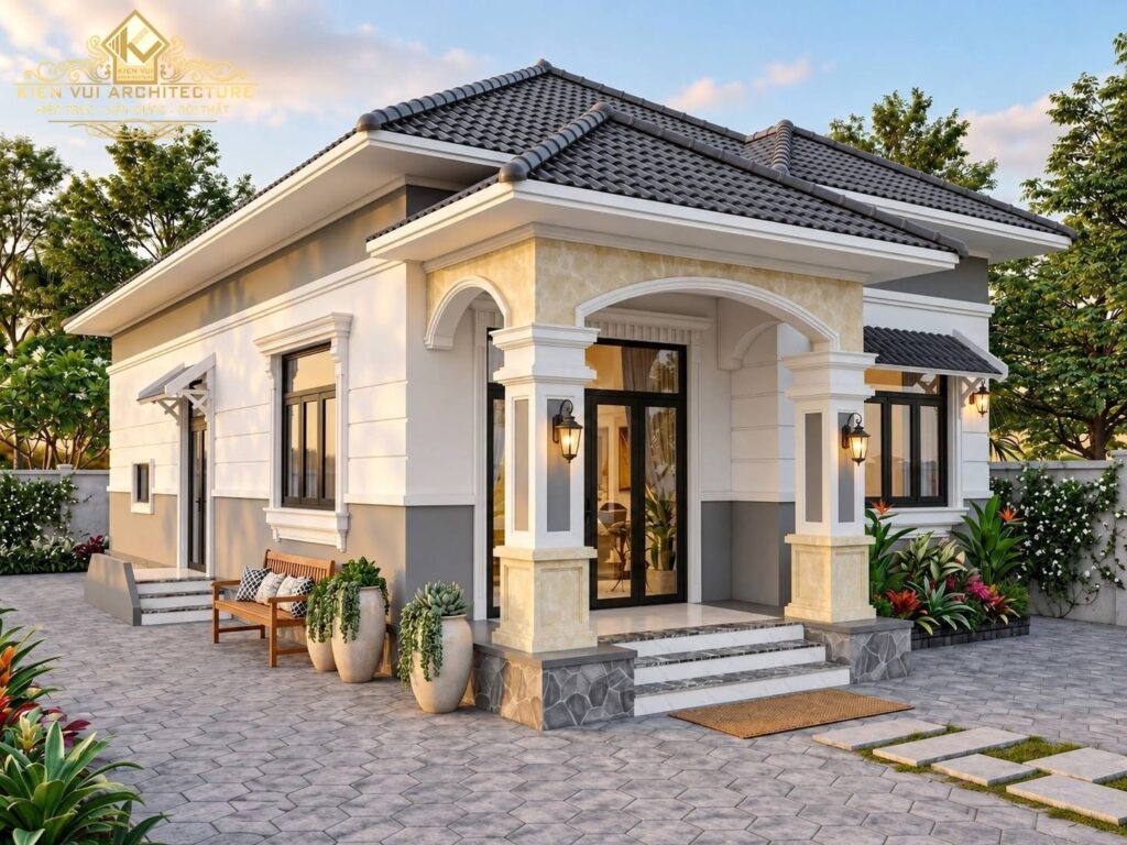 Mẫu 2: Nhà 1 tầng mái Nhật kết hợp sảnh vòm nhẹ