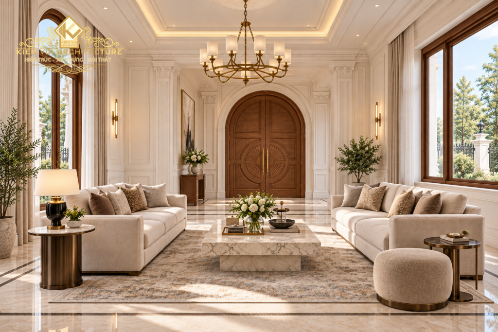 Phòng khách biệt thự tân cổ điển với hai bộ sofa đối diện và cửa gỗ vòm