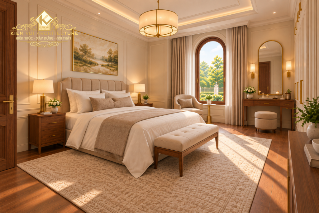 Phòng ngủ biệt thự tân cổ điển với giường lớn, ghế cuối giường và bàn trang điểm