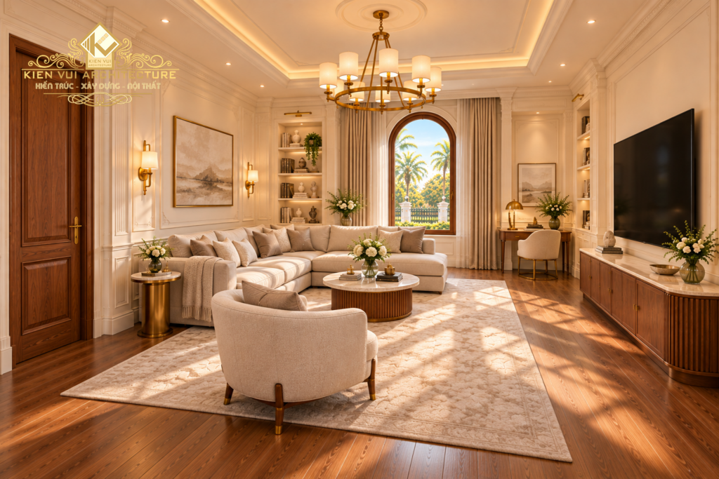 Phòng sinh hoạt chung của biệt thự với sofa màu kem, kệ tivi và cửa sổ vòm
