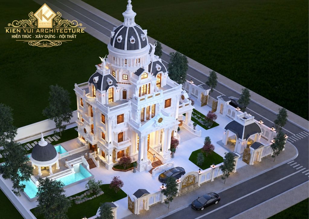 Thiết kế biệt thự cổ điển mái vòm nhìn từ trên cao với sân vườn và hồ bơi