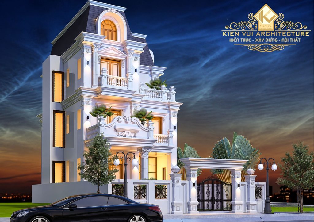 Phối cảnh biệt thự cổ điển mái Mansard với mặt tiền sang trọng và hệ cửa vòm nổi bật