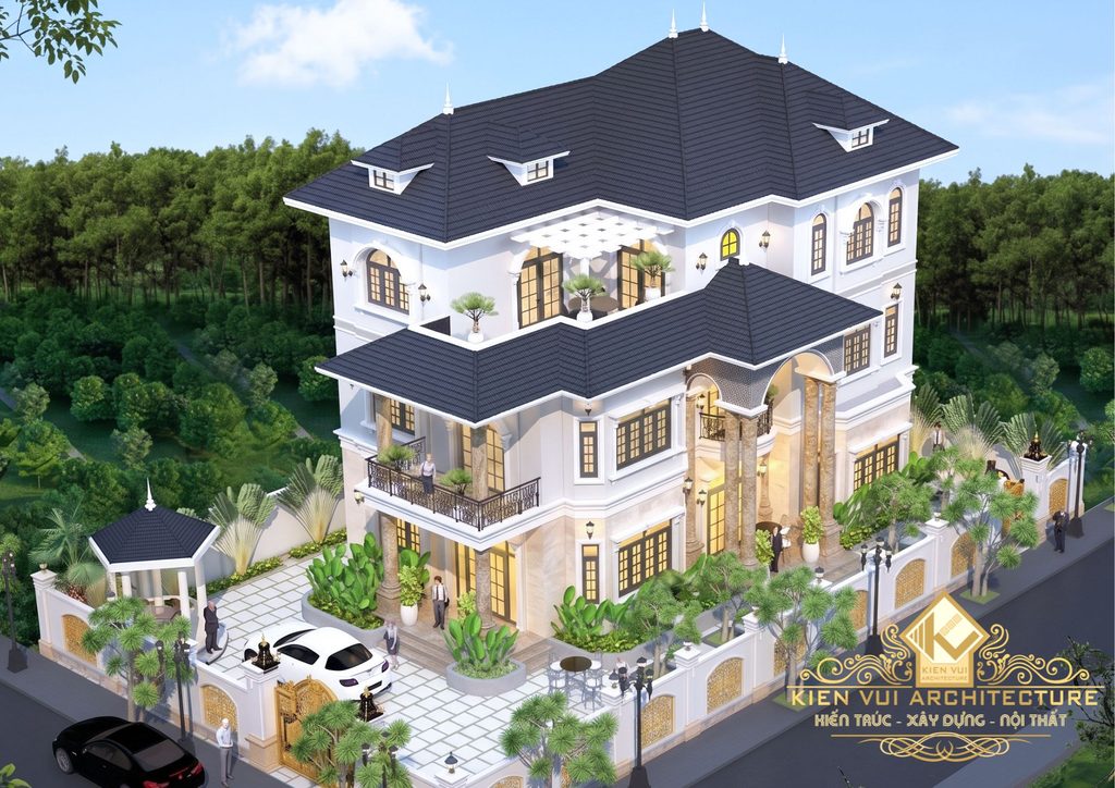 Mẫu biệt thự 3 tầng tân cổ điển sang trọng nhìn từ mặt tiền ban ngày
