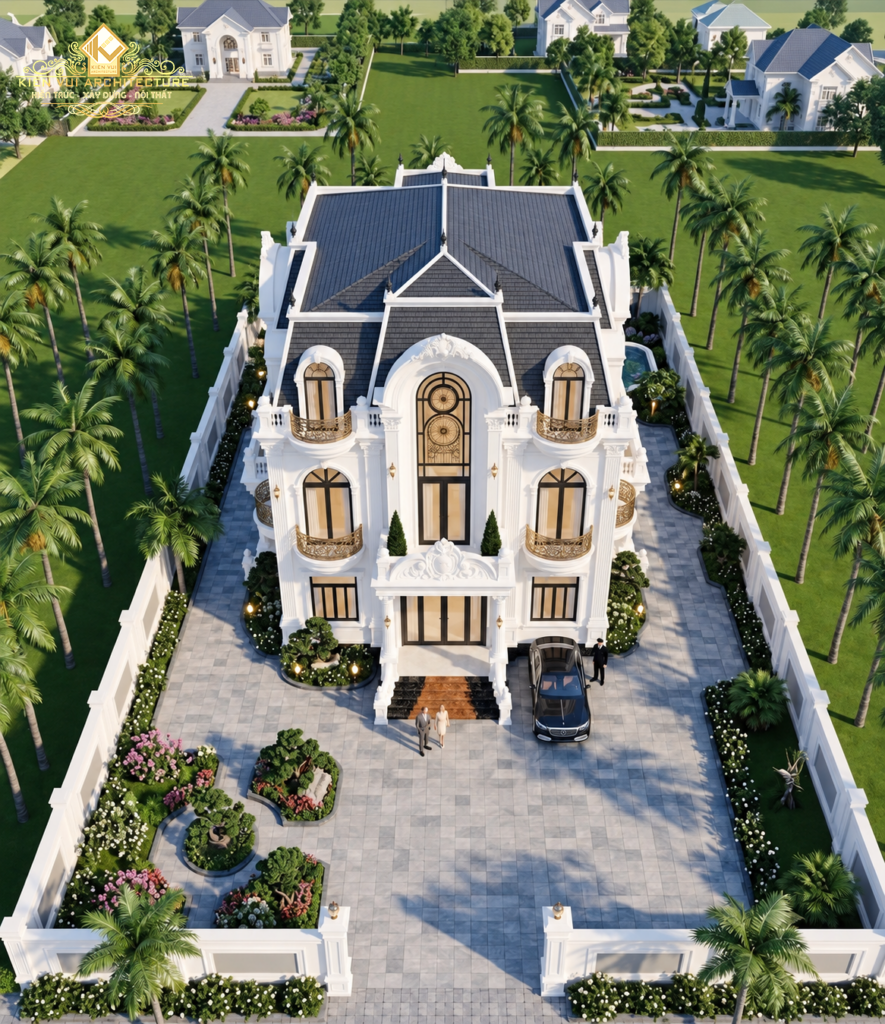 Toàn cảnh trên cao biệt thự 2 tầng 1 tum mái Mansard