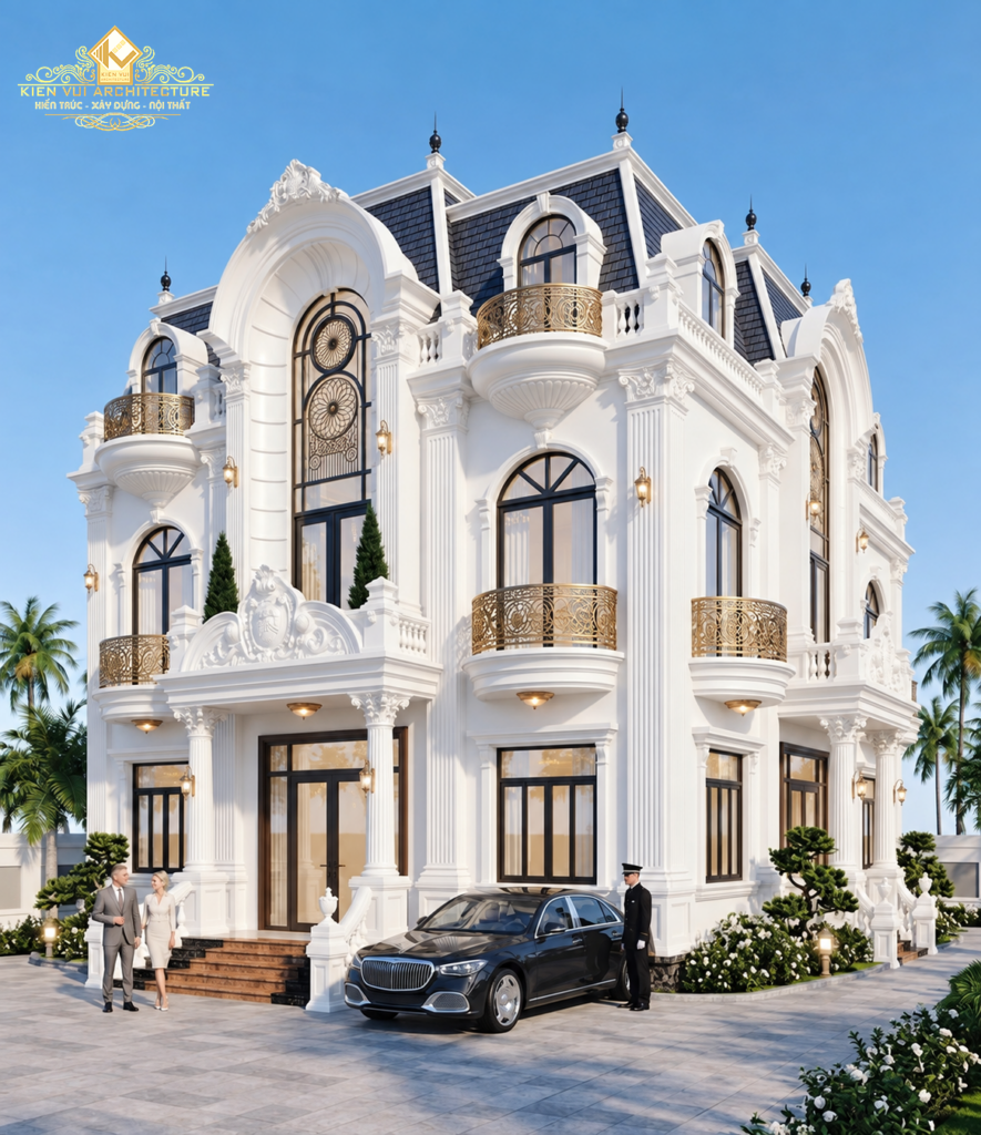 Góc nghiêng biệt thự 2 tầng 1 tum mái Mansard màu xanh than
