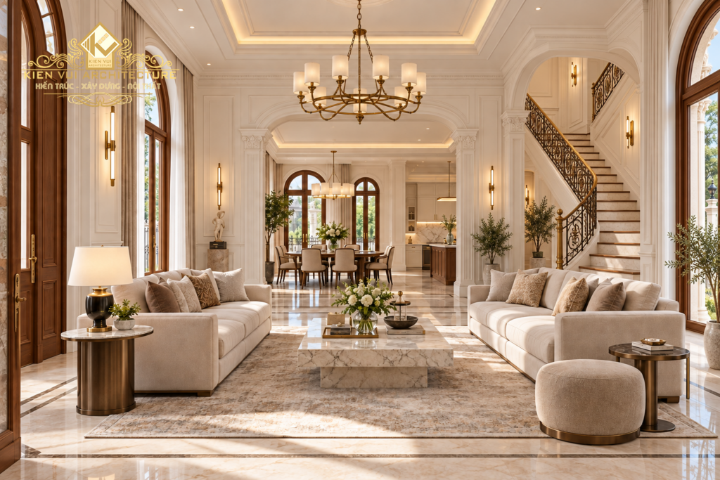 Phòng khách biệt thự tân cổ điển với sofa sáng màu và cầu thang uốn cong