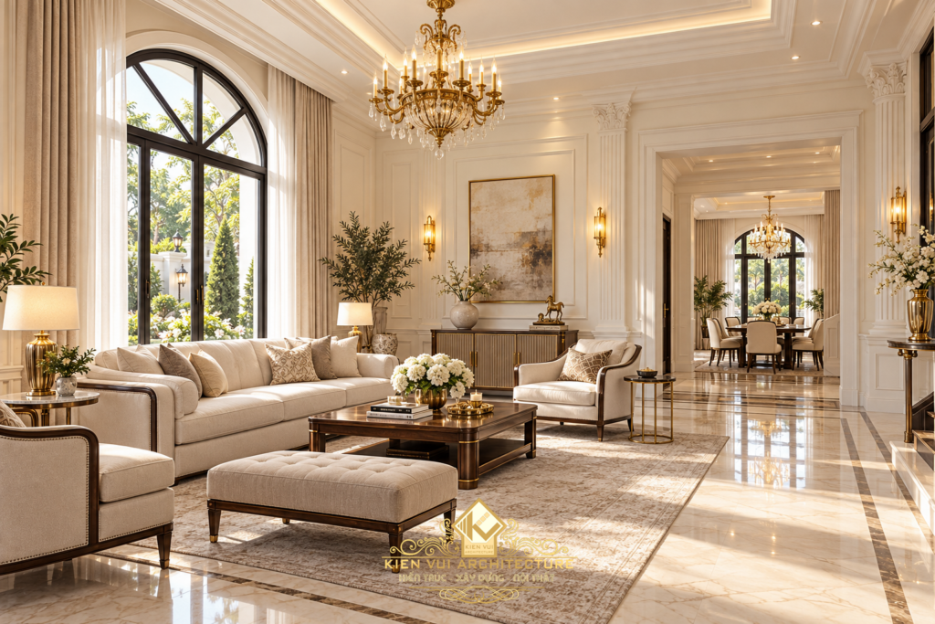 Phòng khách tông kem với sofa sáng màu, bàn trà, đèn chùm và cửa sổ vòm.