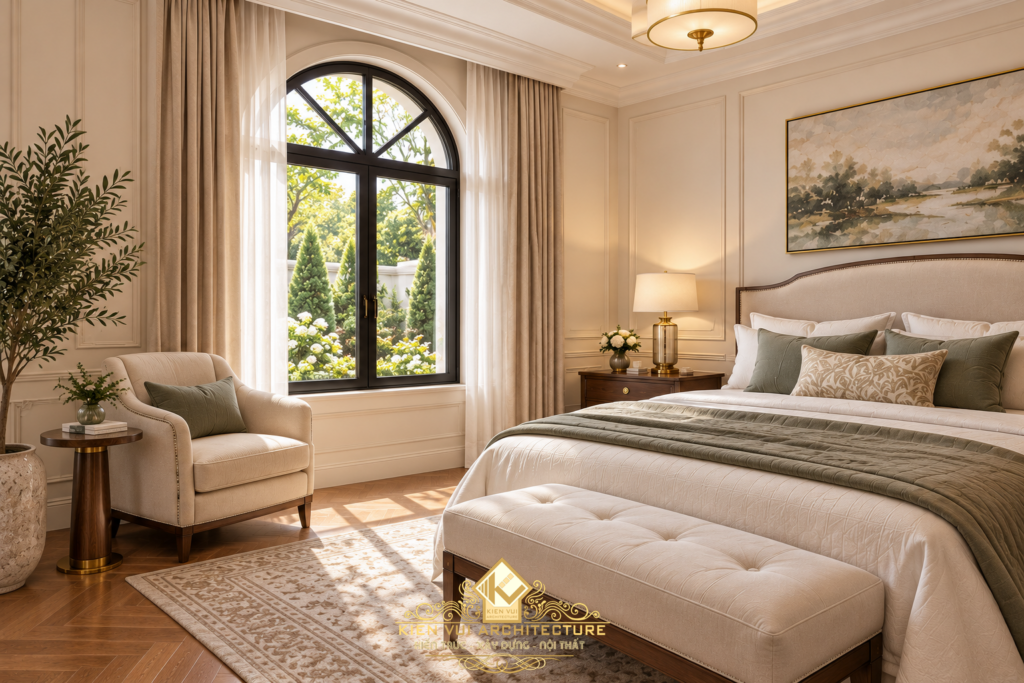 Phòng ngủ với chăn ga điểm nhấn xanh, ghế ngồi và cửa sổ vòm lớn.