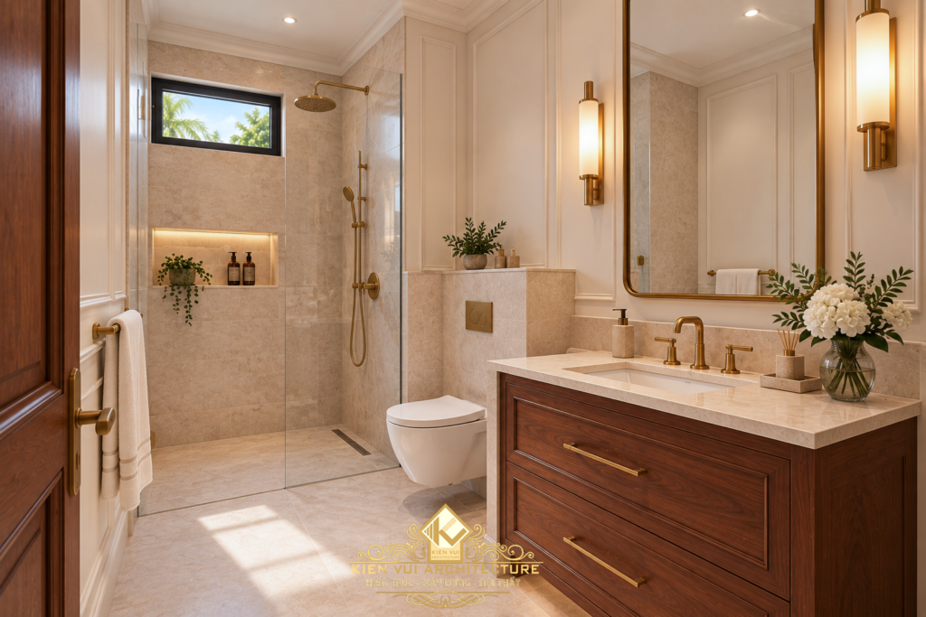 Bàn lavabo đôi với tủ gỗ nâu, gương bo cong và đèn tường ánh kim.