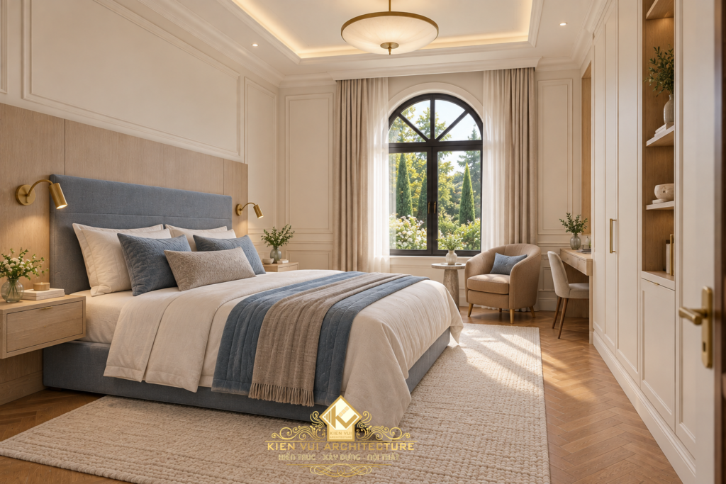 Góc nhìn về giường ngủ bọc nệm và ghế thư giãn bên cửa sổ vòm.