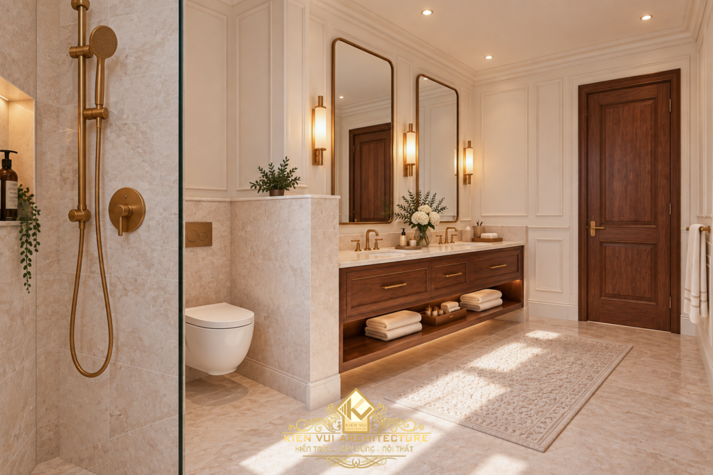 Phòng tắm tông sáng với khu tắm kính và bàn lavabo đôi trên tủ gỗ nâu.