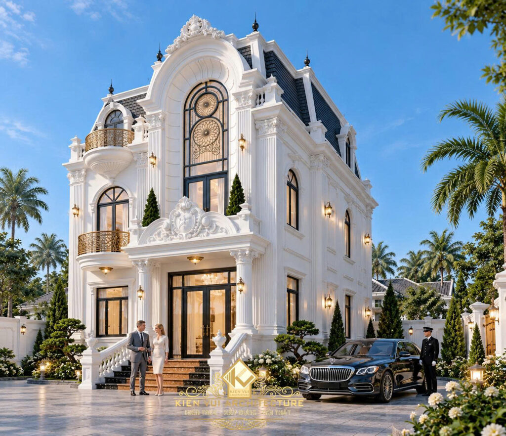 Phối cảnh biệt thự tân cổ điển mái Mansard màu sẫm, cửa vòm và sân trước.
