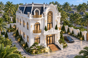Góc nhìn trên cao biệt thự mái Mansard với sân trước, lối xe và cây xanh.
