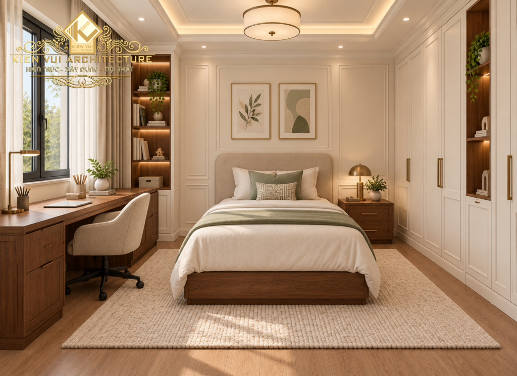 Phòng ngủ cho con trong biệt thự với giường đơn, bàn học cạnh cửa sổ và tủ âm tường