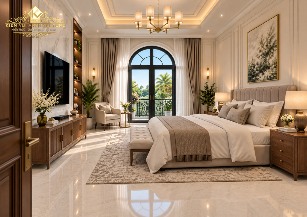 Phòng ngủ biệt thự tông kem với giường bọc nệm, cửa sổ vòm lớn, đèn chùm và kệ tivi gỗ.