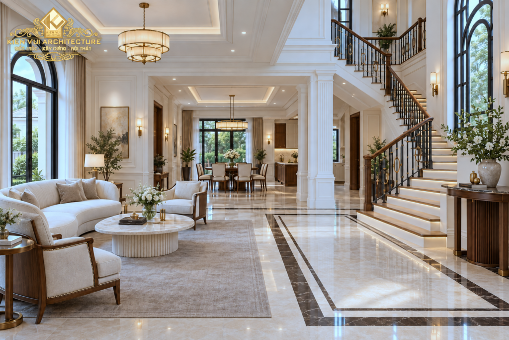 Phối cảnh phòng khách với sofa trắng, cửa vòm và cầu thang tay vịn gỗ