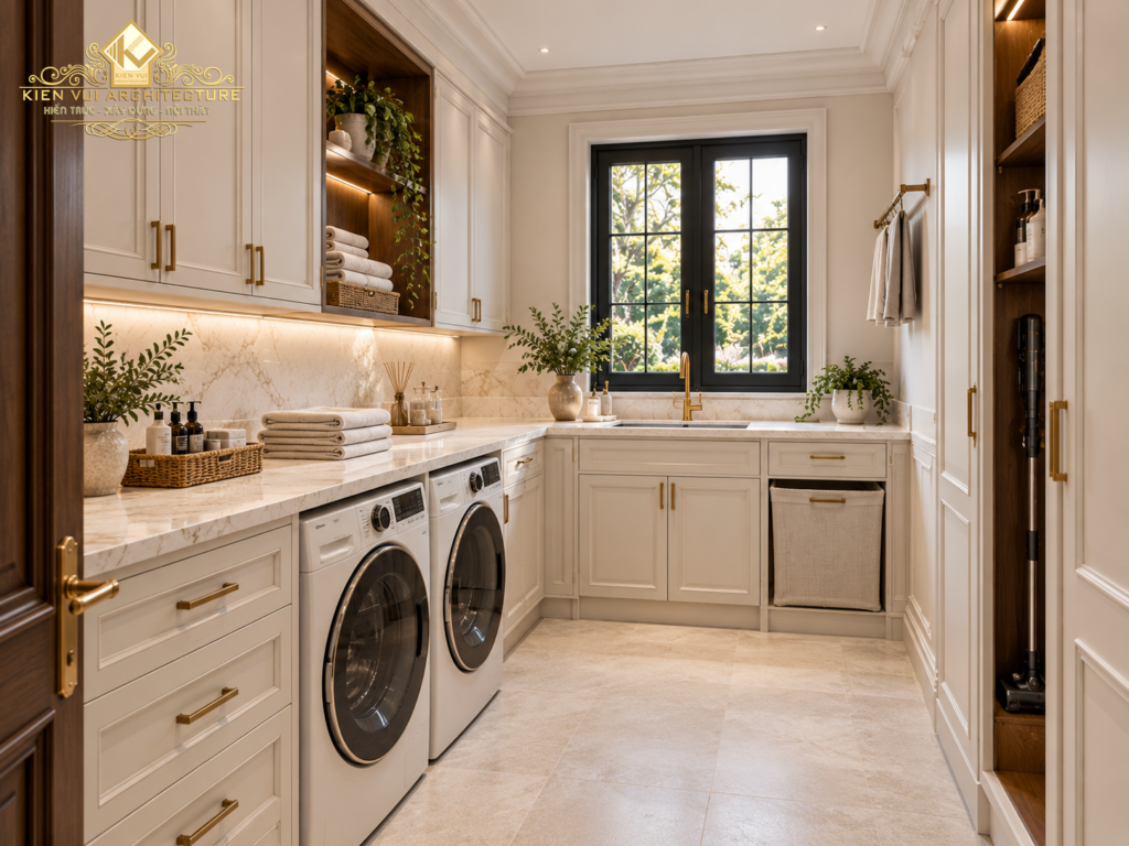 Khu giặt sấy biệt thự với một máy giặt và một máy sấy đặt cạnh nhau dưới hệ tủ màu kem.