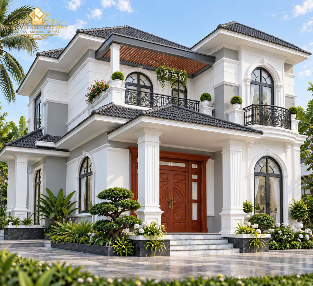 Góc nghiêng mặt tiền biệt thự hai tầng mái ngói xám với cửa chính gỗ, cửa vòm và sân vườn.