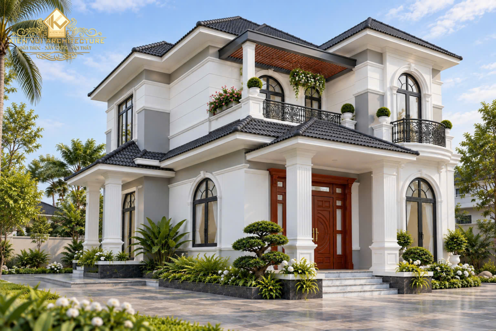 Phối cảnh biệt thự hai tầng màu trắng với mái ngói nhiều lớp, sảnh cột vuông và ban công cửa vòm.