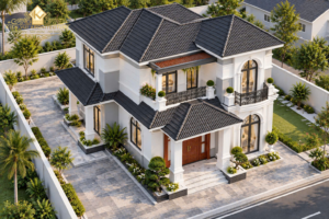 Phối cảnh từ trên cao biệt thự hai tầng với hệ mái ngói xám, ban công và sân lát đá bao quanh.