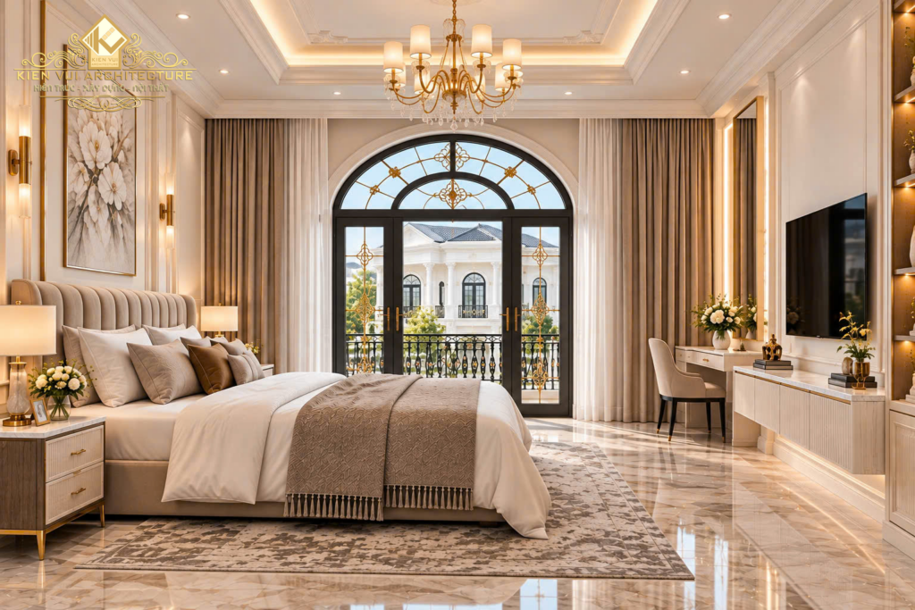 Phòng ngủ biệt thự tông kem với giường bọc nệm, cửa kính vòm và kệ tivi đối diện giường.