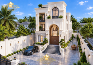 Phối cảnh góc nghiêng biệt thự phố tân cổ điển với cửa vòm cao, sân lát đá và bậc thang lên sảnh.