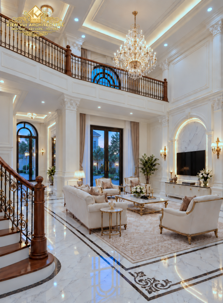 Phối cảnh phòng khách thông tầng với sofa kem, đèn chùm và mảng tường TV viền vòm