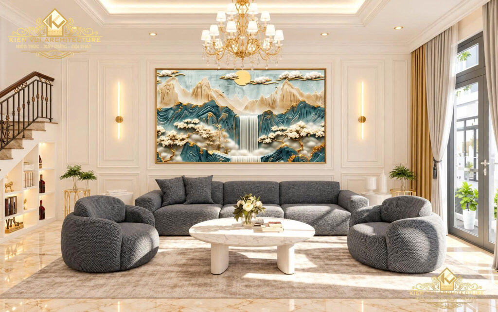 Góc trực diện bộ sofa xám và bàn trà sáng màu dưới tranh phong cảnh