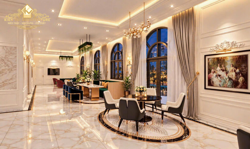 Thiết kế khách sạn với sảnh chờ tân cổ điển, bàn tròn, ghế bọc nệm và rèm cửa cao