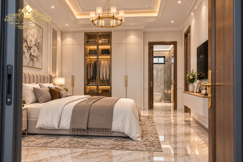 Góc nhìn từ cửa vào phòng ngủ biệt thự với giường bọc nệm, đèn chùm và tủ kính trưng bày.