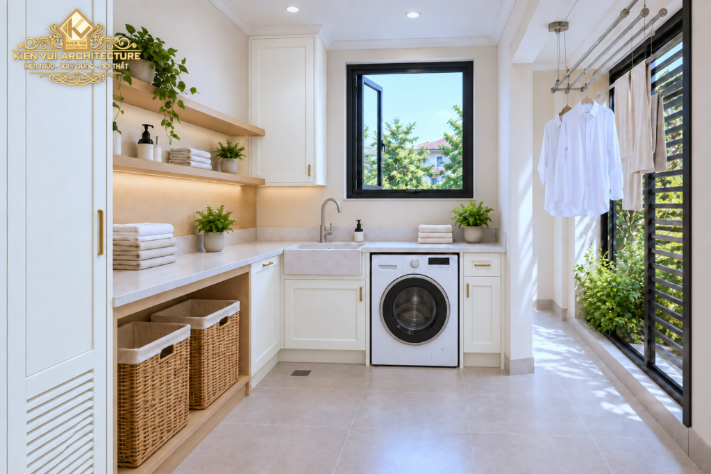 Khu giặt đồ với một máy giặt, chậu rửa và giá treo cạnh cửa kính lớn