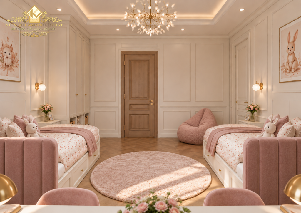Phòng ngủ hai giường tông hồng phấn với đèn chùm, thảm tròn và ghế lười ở góc phòng bên phải.