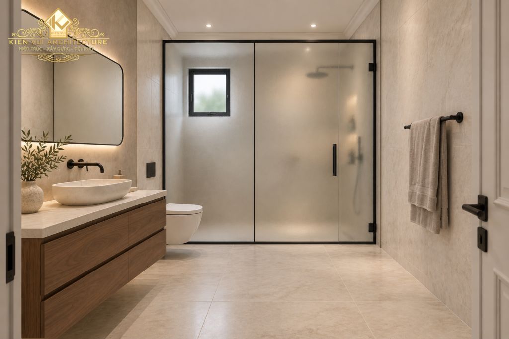 Phòng tắm với tủ lavabo gỗ, gương lớn và khu tắm kính mờ viền đen phía cuối phòng.