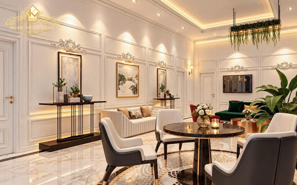 Khu tiếp khách trong thiết kế khách sạn với sofa trắng, sofa xanh và tranh trang trí trên tường