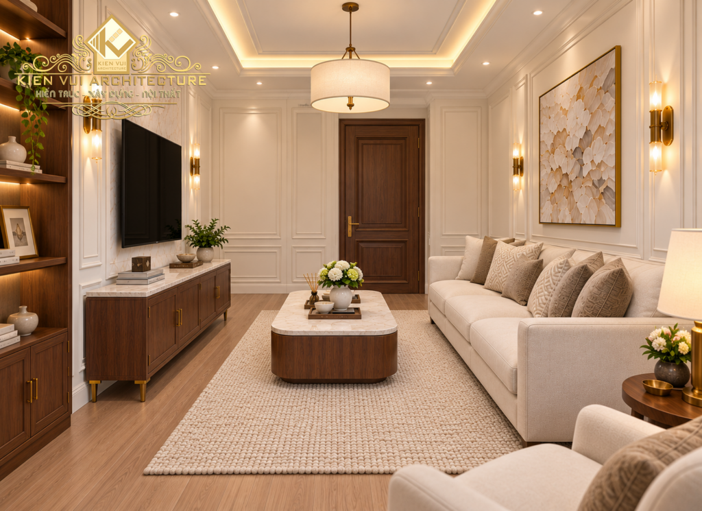 Phòng sinh hoạt chung biệt thự với sofa màu kem, bàn trà và kệ tivi bằng gỗ