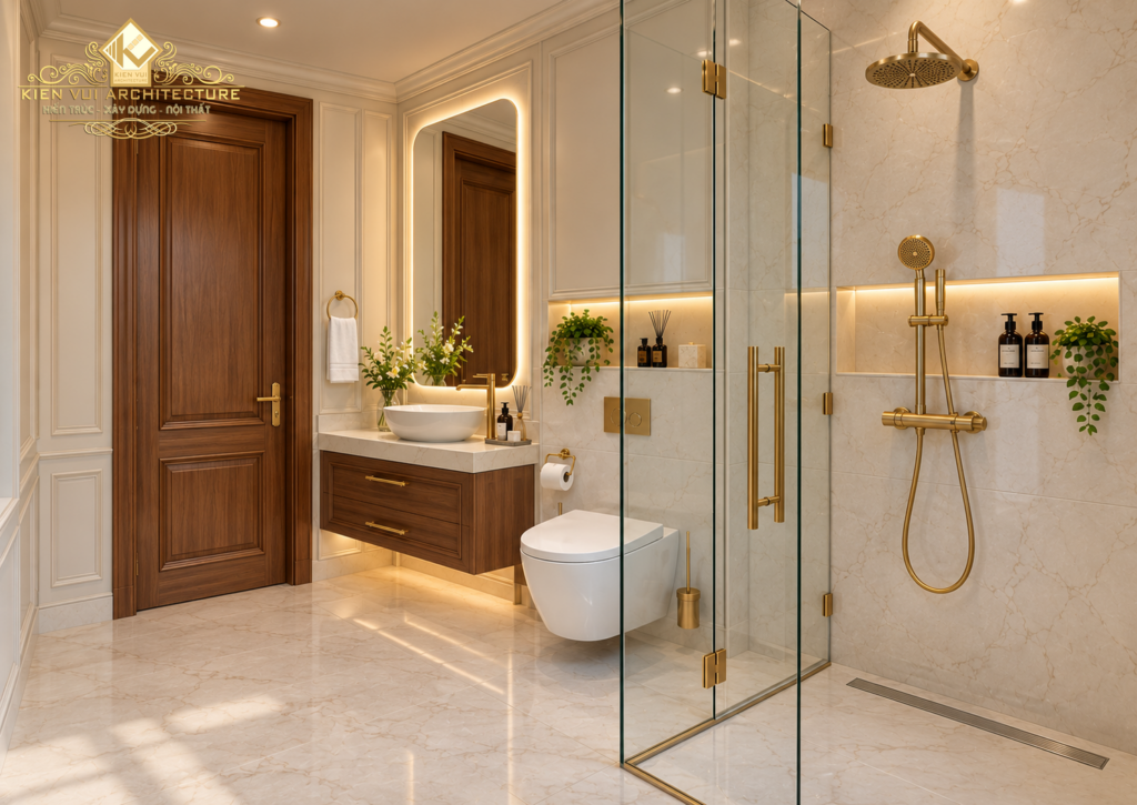 Phòng tắm biệt thự với vách tắm kính khung vàng, bồn cầu treo tường và tủ lavabo gỗ.