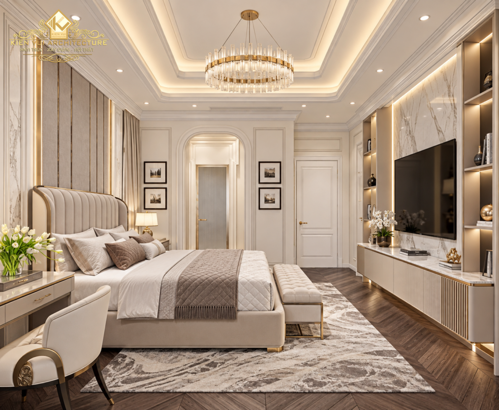 Góc nhìn bên hông phòng ngủ với giường bọc nệm, ghế cuối giường và kệ tivi ốp đá đối diện.