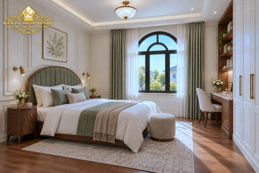 Phòng ngủ có đầu giường xanh dịu, cửa sổ vòm và bàn trang điểm cạnh kệ gỗ