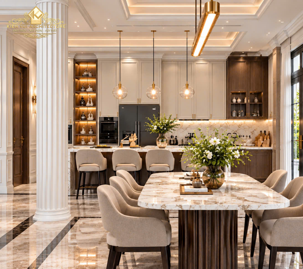 Bàn ăn mặt đá trong biệt thự với ghế nệm sáng màu, đèn thả thanh và hệ tủ bếp phía sau.