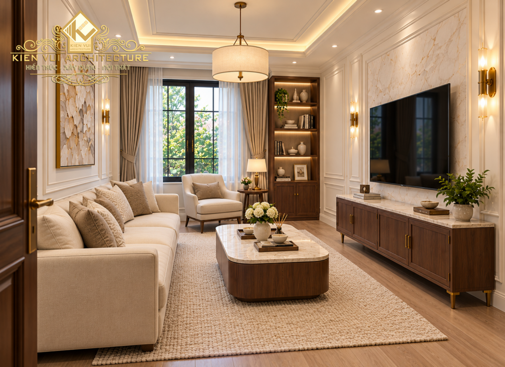 Góc nhìn từ cửa vào phòng sinh hoạt chung với sofa, kệ tivi và cửa sổ lớn