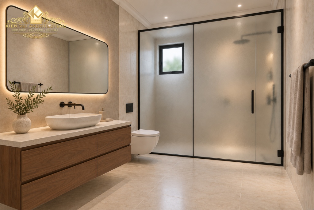 Góc nhìn phòng tắm với lavabo đặt bàn, tủ gỗ treo, bồn cầu và vách tắm kính mờ khung đen.